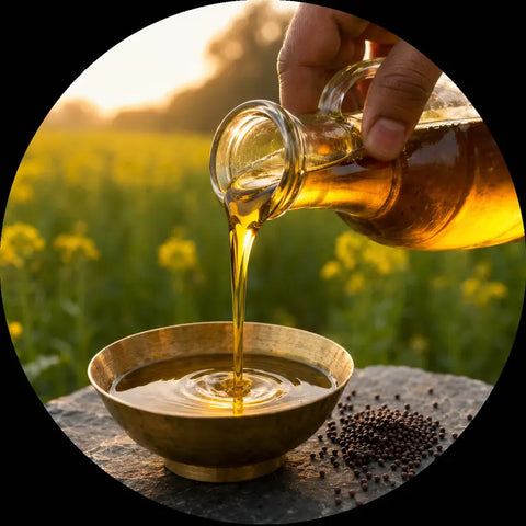 Golden oil being poured from a glass bottle into a brass bowl, set against a blurred outdoor field of yellow flowers at sunset.