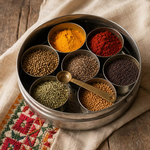 A round metal spice container filled with multiple spices in small compartments, including turmeric, red chili powder, cumin seeds, fenugreek, mustard seeds, and nigella seeds, with a brass spoon resting inside. The container is set on a beige linen cloth over a rustic wooden surface.