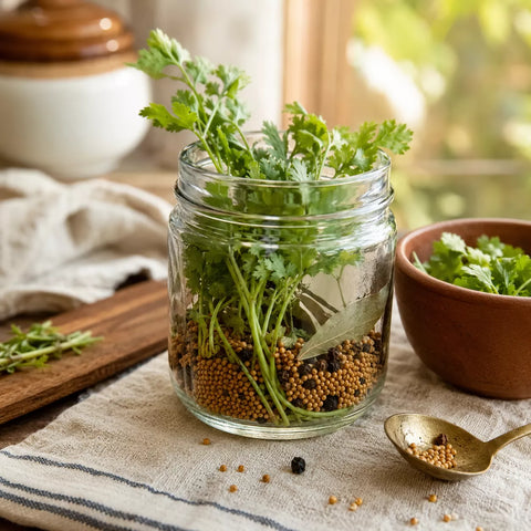 A clear glass mason jar filled with fresh green cilantro stems and small brown mustard seeds, set on a beige cloth with scattered seeds. A small brown bowl of cilantro, a spoon, and a wooden cutting board are visible in a softly blurred kitchen setting.