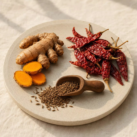 A round beige stone plate arranged with fresh turmeric root, sliced turmeric, dried red chilies, brown seeds, and a small wooden scoop on a light fabric surface.