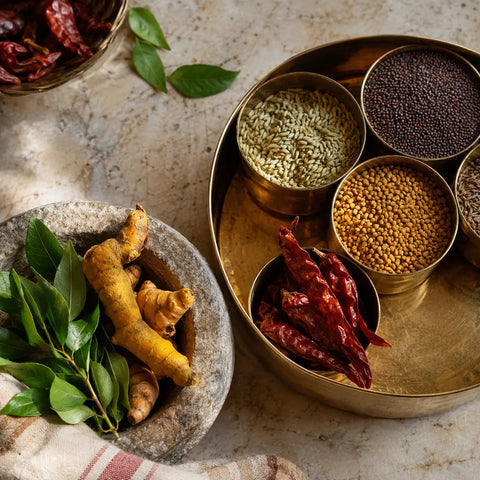 A brass spice tray arranged on a stone surface with bowls of whole spices, dried red chilies, turmeric roots, and green leaves on a cloth. A matching bowl of dried red chilies sits in the upper left corner.