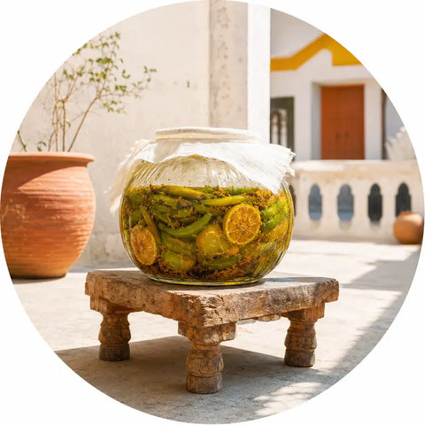 A large clear glass jar filled with green vegetables and lemon slices, covered with a white cloth, displayed on a rustic wooden pedestal in an outdoor courtyard setting.