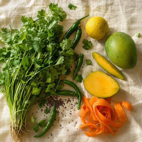 A styled flat-lay of fresh ingredients on a cream linen cloth, including a large bunch of cilantro, green chilies, a whole mango, a sliced mango showing the yellow flesh, orange carrot peels, and a small yellow lemon.