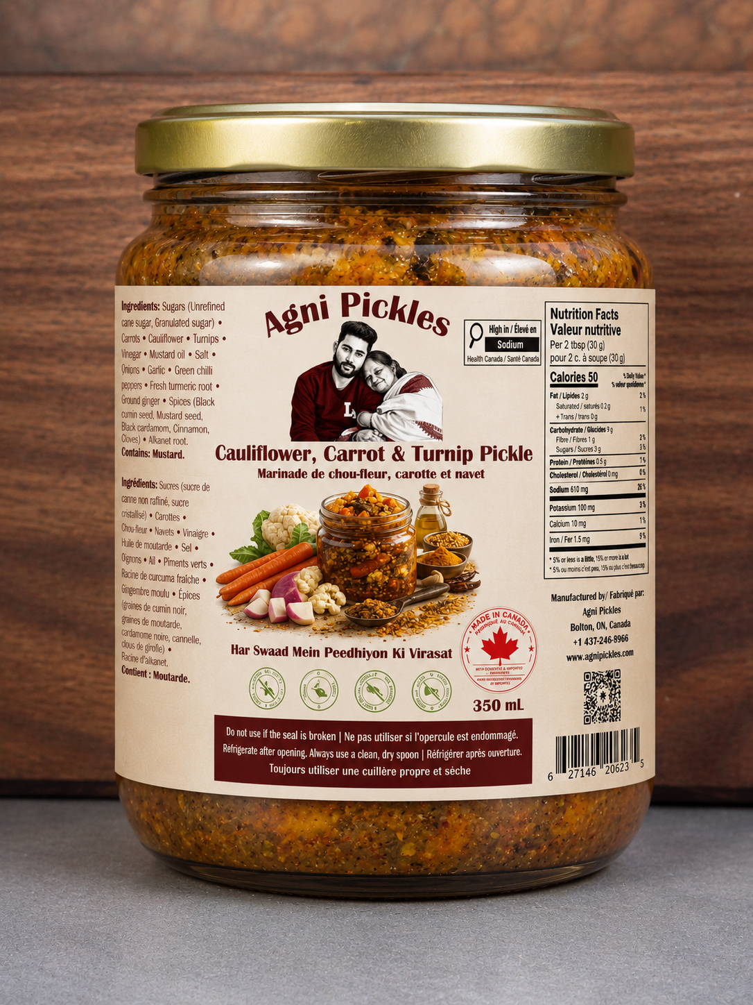 Agni Pickles authentic Punjabi Cauliflower, Carrots & Turnips pickle jars showing front label, ingredients, nutrition facts, and traditional Cauliflower, Carrots & Turnips pickle presentation