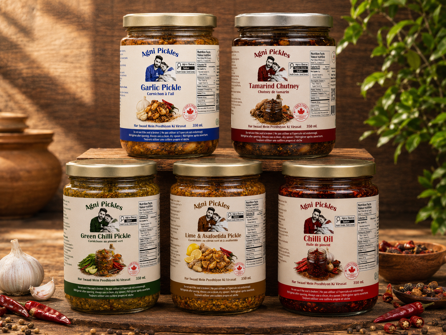 Agni Pickles handcrafted Punjabi food collection featuring Mango pickle, Green Chilli pickle, Tamarind chutney, Carrot Cauliflower pickle, and Chilli oil