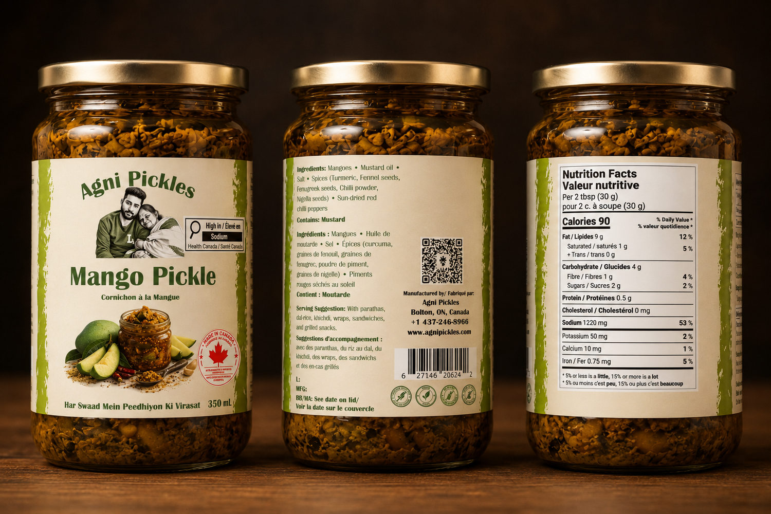 Agni Pickles authentic Punjabi mango pickle jars showing front label, ingredients, and nutrition facts