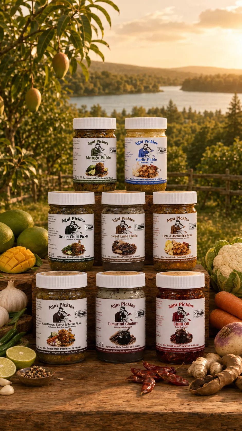 Eight jars of Niki Pickles organic pickles arranged in a pyramid on a rustic wooden table, surrounded by fresh ingredients like limes, garlic, ginger, and carrots, with a scenic lake and forest background at sunset.