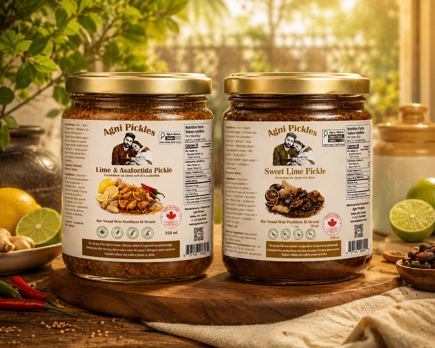 Agni Pickles lime pickle collection featuring sweet lime pickle and traditional lime and asafoetida Punjabi achar jars