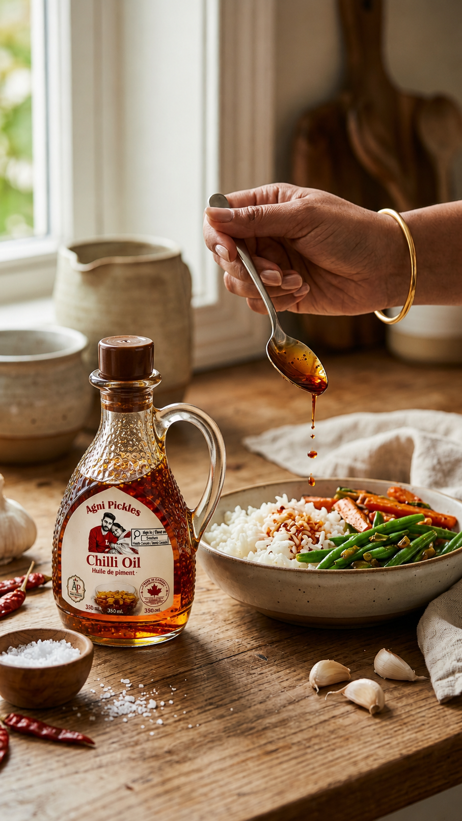 Traditional oil-based chilli relish with infused garlic and ginger flavour
Slow-infused chilli oil with cinnamon, fennel, and black pepper notes