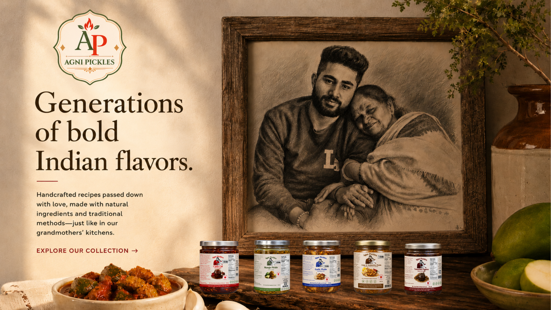Warm Punjabi family kitchen scene with handcrafted Indian pickle jars and rustic heritage décor
