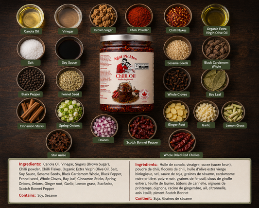 Premium chilli crisp with star anise, cloves, and black cardamom depth
Small-batch spicy oil blend with toasted sesame and smoky chilli warmth
