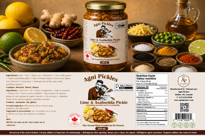 Agni Pickles lime and hing achar complete , front , back label packaging
Classic Punjabi lemon pickle with authentic homemade taste