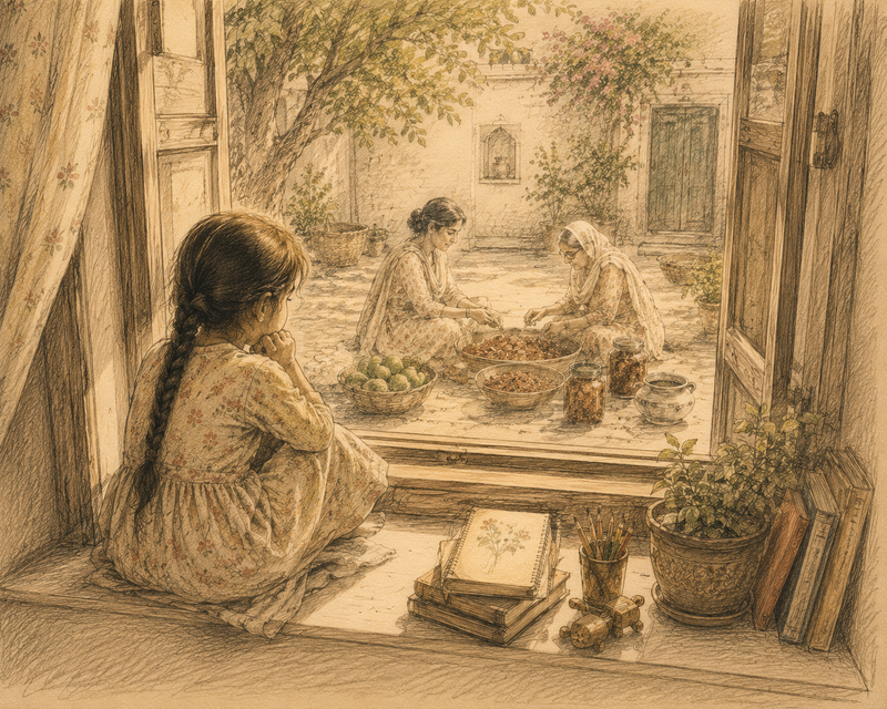 Young girl, sitting by the window ledge, watching her mother and grandma making traditional recipes in rustic setting