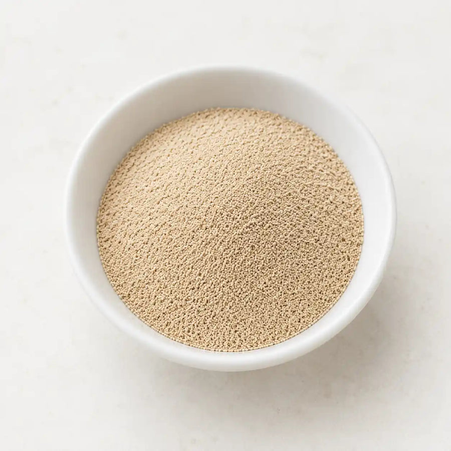 A white ceramic bowl filled with fine beige powder, photographed from above on a light neutral background.