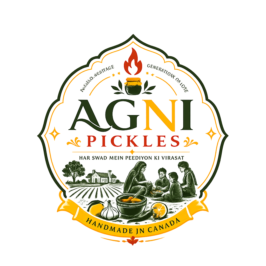 Load video: Video showing a selection of Agni Pickles jars, including Garlic Pickle, Cauliflower Carrot and Turnip Pickle, Sweet Lime Pickle, and Mango Pickle, displayed with clear front labels.