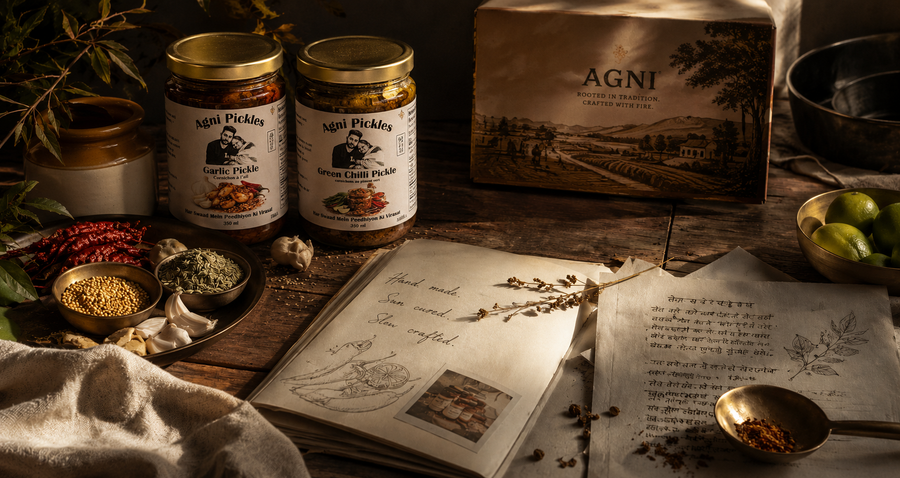 Indian pickles and spices on a rustic table
