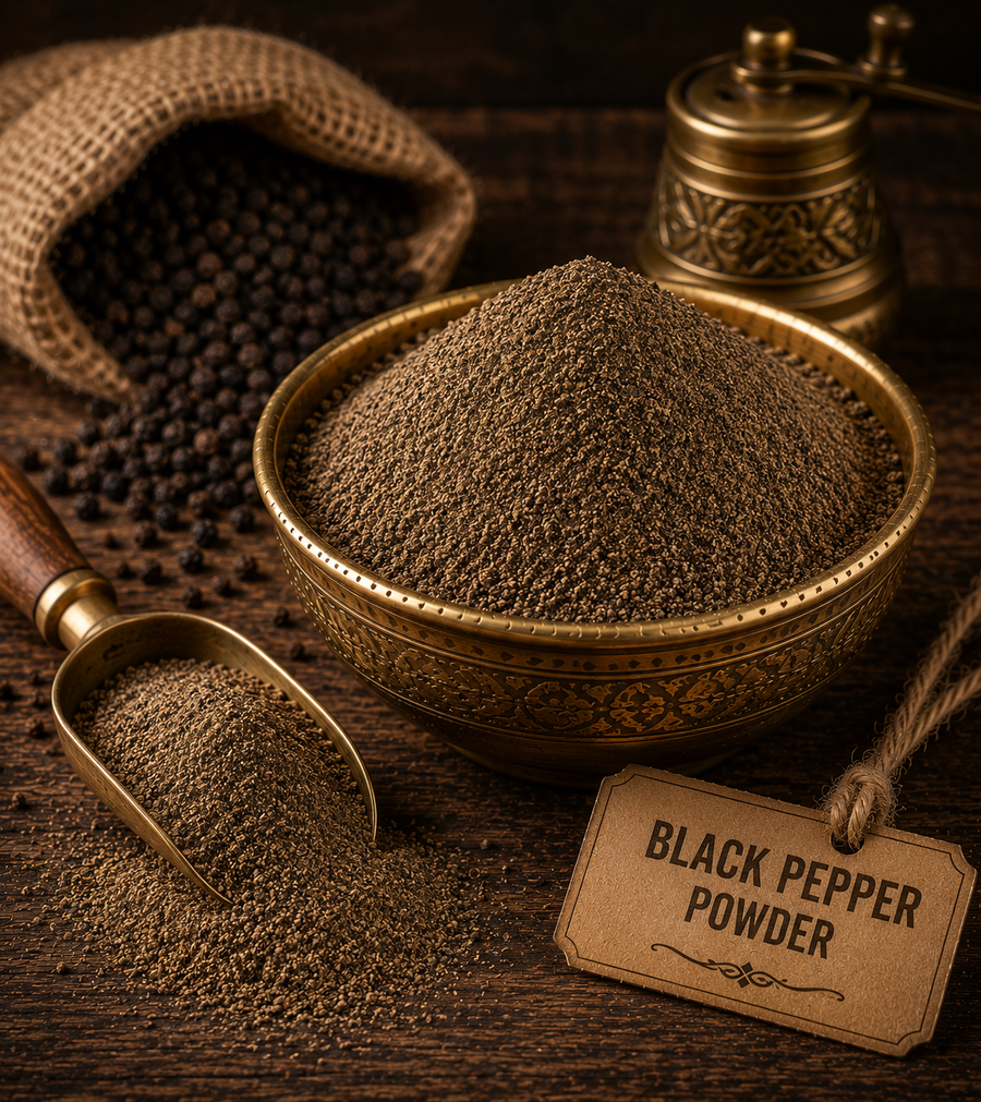 Finely ground black pepper adding warmth, spice, and bold seasoning.