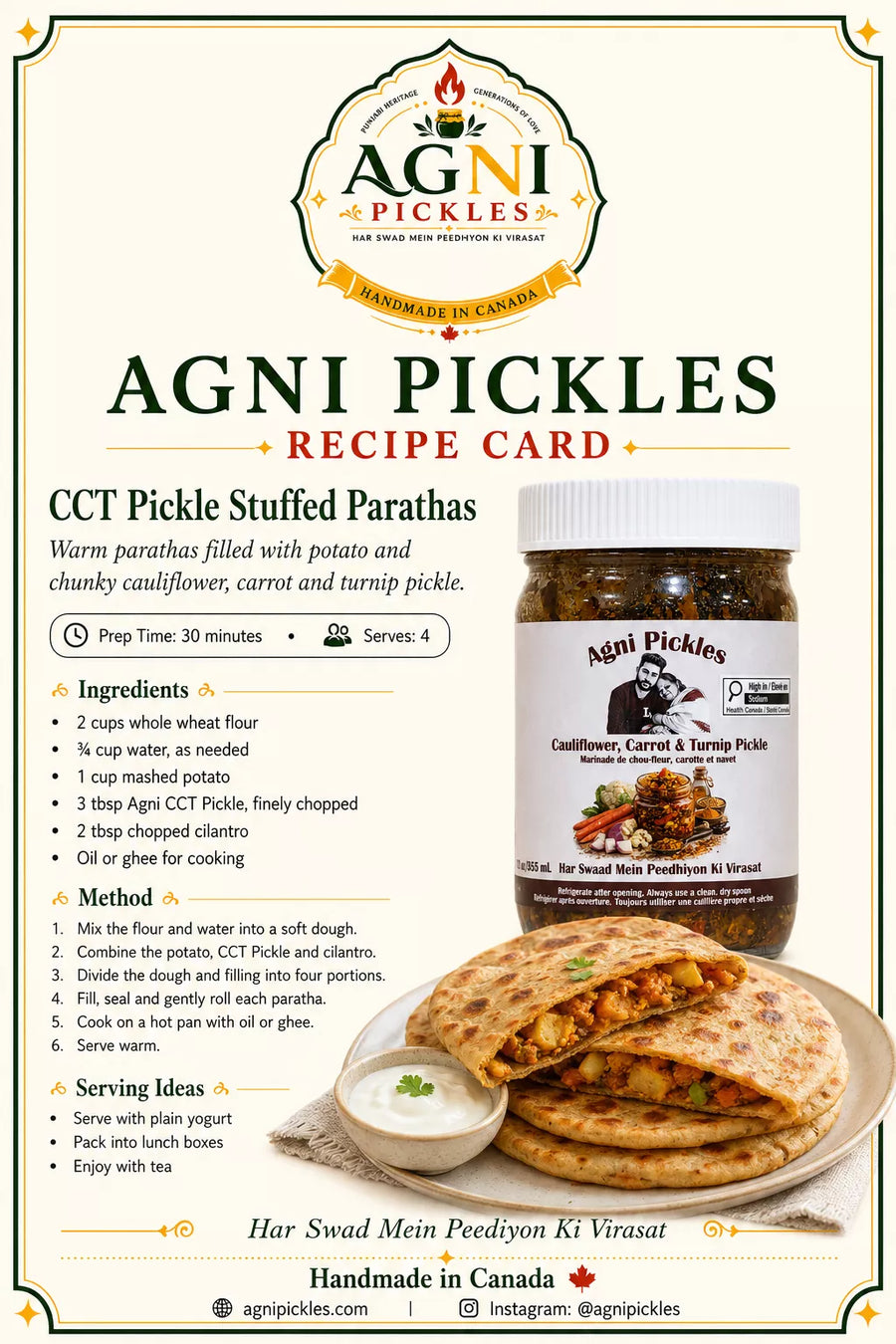 A recipe card for Agni Pickles featuring a jar of CCT Pickle Stuffed Parathas, ingredients list, preparation time, serving size, step-by-step method, serving ideas, and branding on a cream background with decorative borders.
