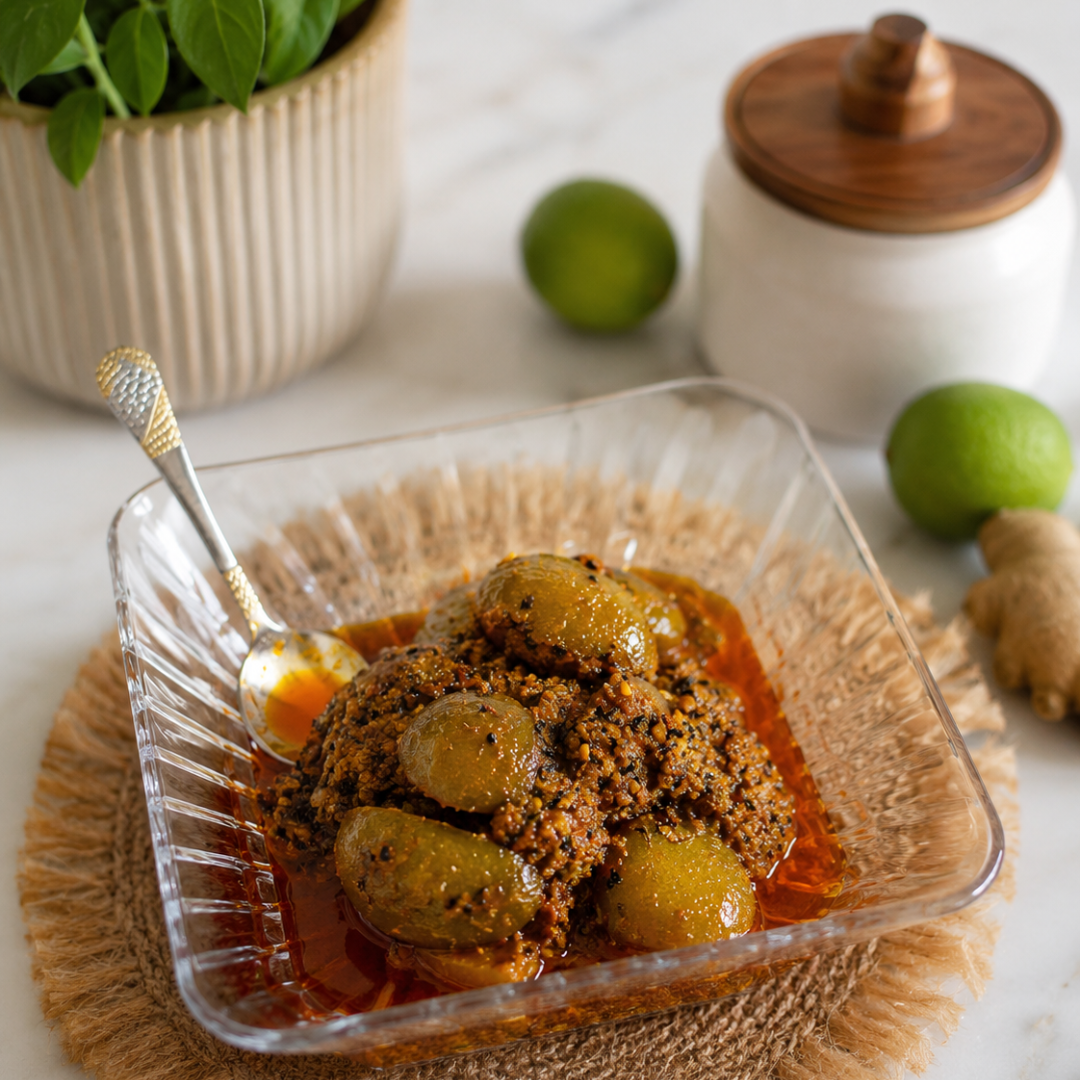 Traditional nimbu achar with hing and natural ingredients
Spicy lime pickle inspired by generations of Indian recipes
Gourmet Indian lime pickle with earthy handcrafted packaging