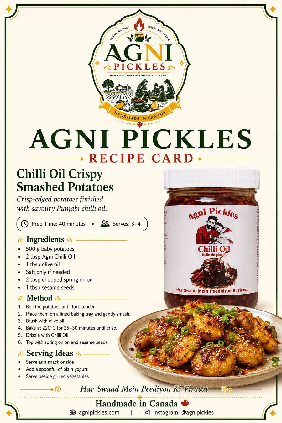 A recipe card for Agni Pickles' Chili Oil Crispy Smashed Potatoes, featuring the brand logo, ingredients list, cooking instructions, serving ideas, and a photo of the prepared potato dish with a jar of Agni Pickles Chili Oil on a cream background.