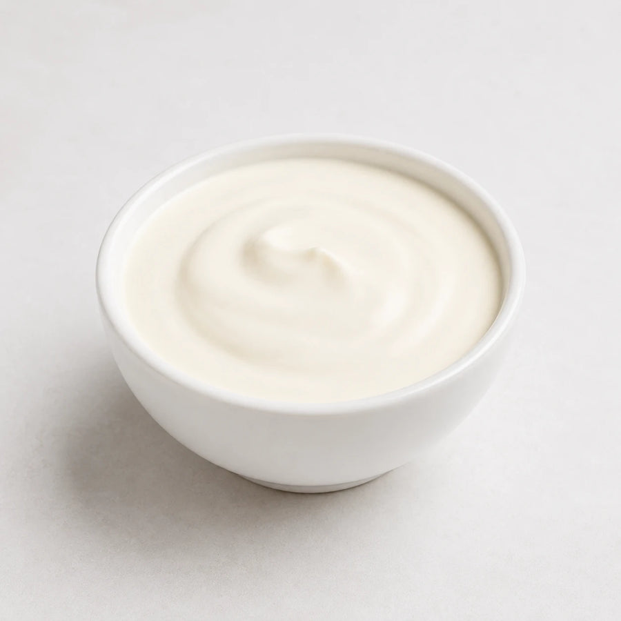 A small white ceramic bowl filled with creamy off-white yogurt, photographed from above on a light neutral background.