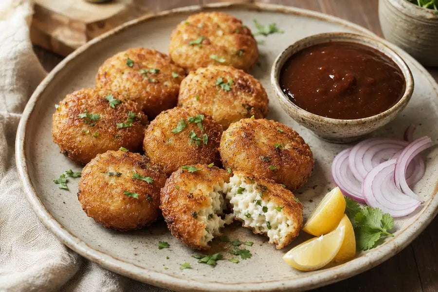Golden restaurant-style dahi ke kebab with a creamy paneer-and-yogurt centre, served with tamarind chutney, onion and lemon.