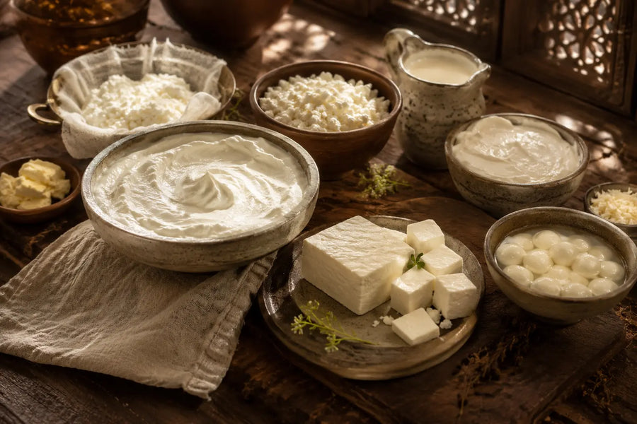 A rustic tabletop arrangement of creamy white dairy foods in ceramic bowls and plates, including a large bowl of thick yogurt, smaller bowls of curds, a pitcher of milk, and cubed cheese, set on a dark wooden surface with warm natural light and shadows.