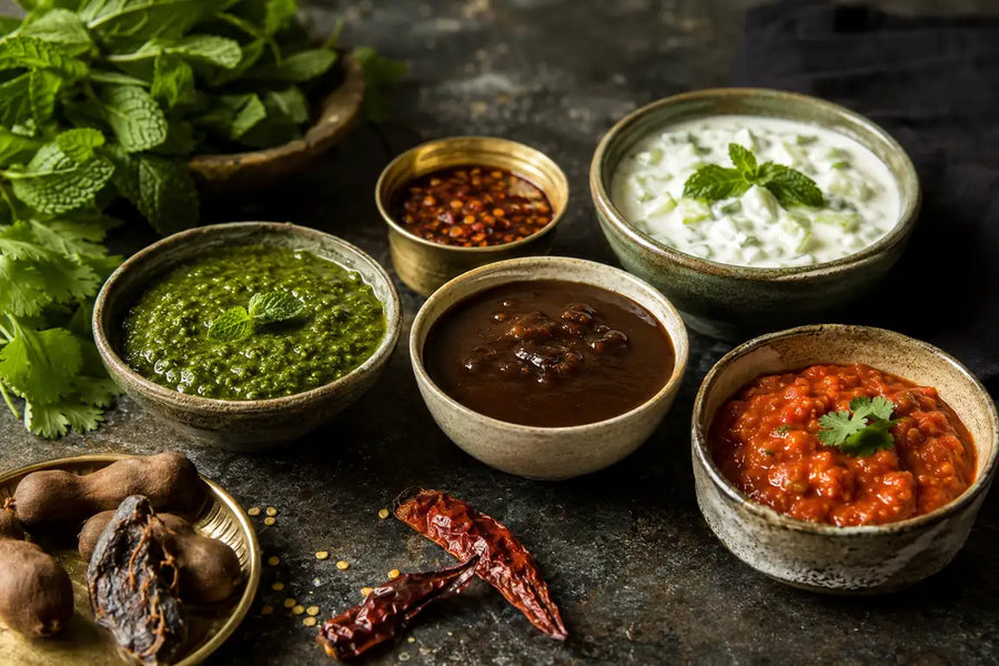 Assorted Indian dips and sauces including mint chutney, tamarind chutney, tomato chutney, raita and chilli oil.