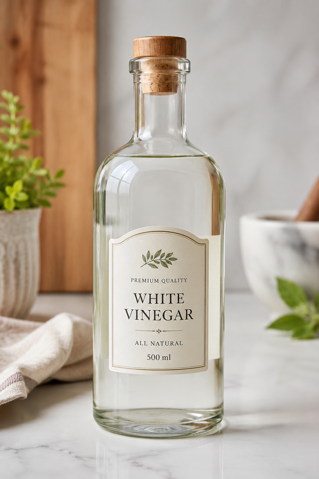 A clear glass bottle filled with premium White Vinegar, displayed in a warm Mediterranean-style kitchen with olives, olive branches, and soft natural sunlight.