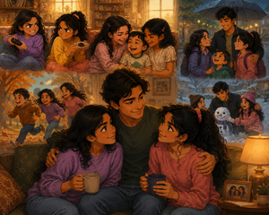 Storybook-style illustration of two sisters and their younger brother growing through childhood, autumn adventures, rainy days, and winter memories, with the once-little brother becoming a strong, caring adult whose love and support help hold the family together. ❤️🍂❄️☔✨
