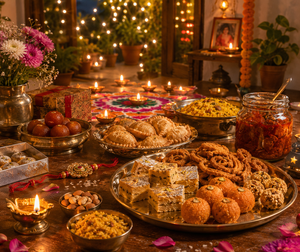 Festive Indian celebration with sweets and lights