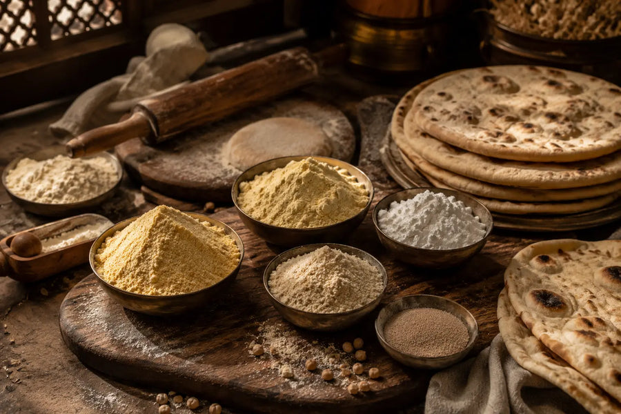 A rustic spread of Indian flatbread, including stacked pieces of naan and torn pieces on the right, with several small bowls containing various ground spices or powders in the center and left. A wooden rolling pin rests on a carved wooden board, which also holds flour and a piece of dough.