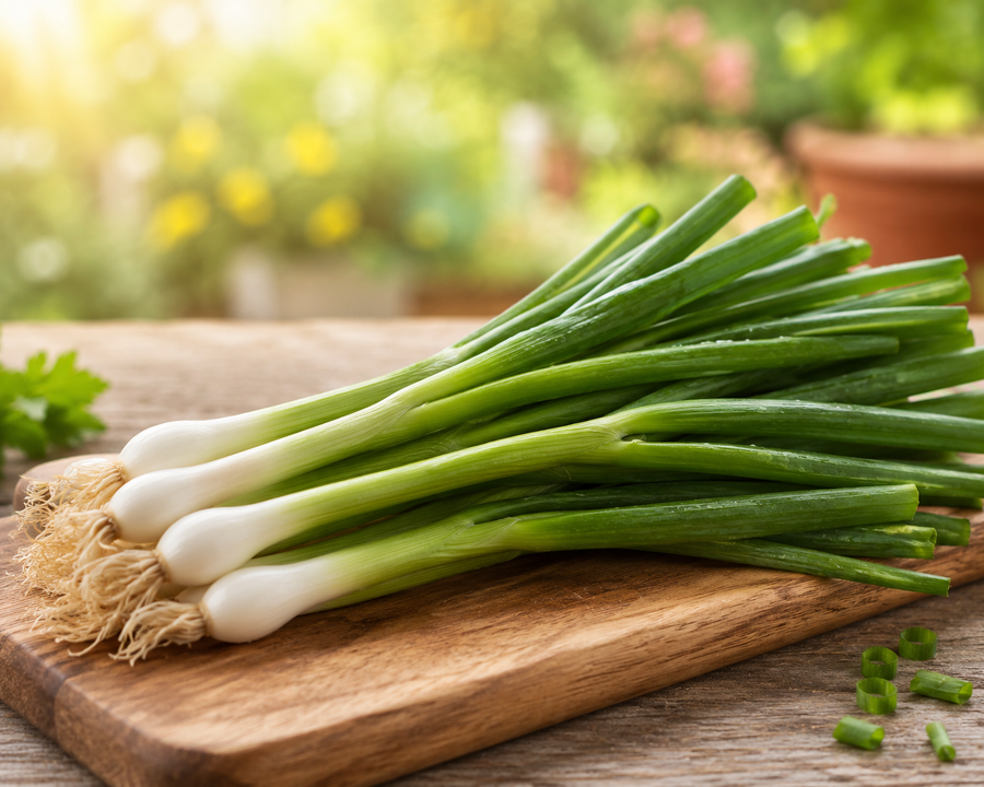 Fragrant green onions on rustic wood