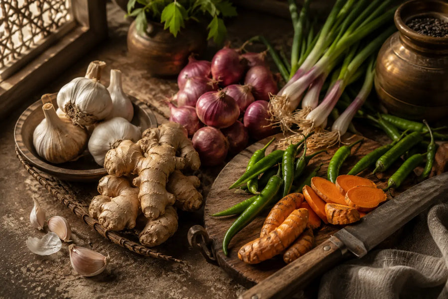 A rustic still life arrangement of fresh kitchen ingredients on a wooden surface, including garlic bulbs, ginger roots, red onions, green onions, green chilies, turmeric root with sliced orange-yellow pieces, and a knife, with a brass pot and decorative background elements.