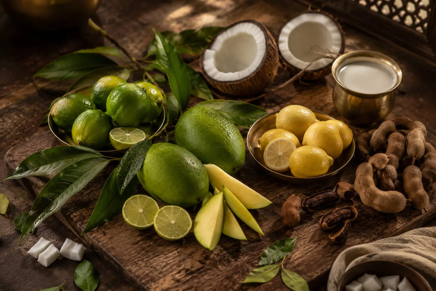 A rustic flat-lay arrangement of fresh tropical ingredients on a dark wooden board, including green limes, sliced lime, yellow lemons, coconut halves, ginger root, and a small brass cup of milk or coconut water.