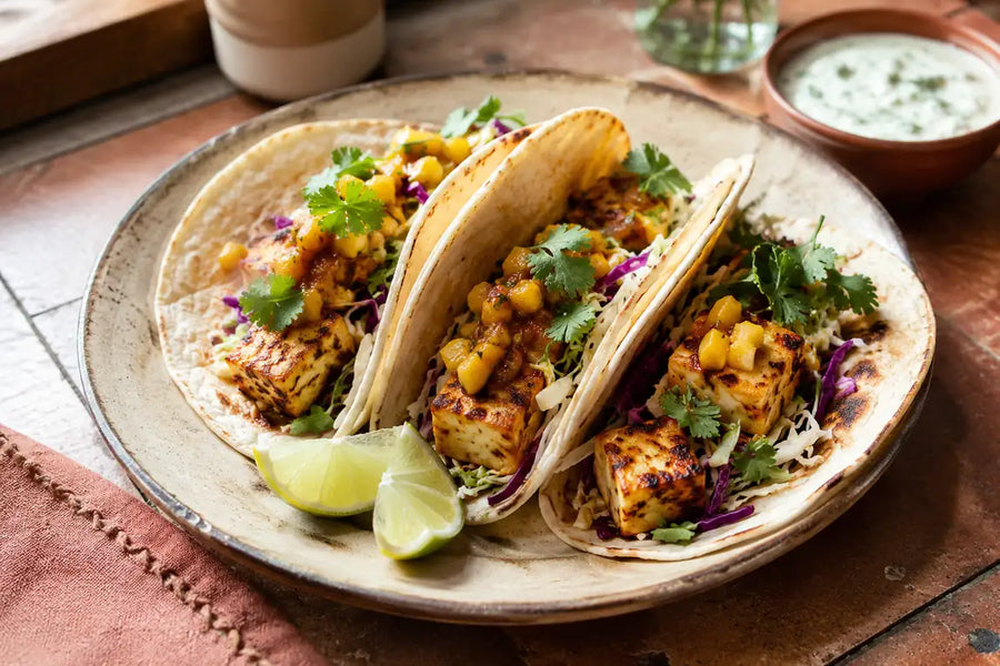 Indian fusion tacos filled with grilled paneer, cabbage, herbs and mango pickle slaw, served with yogurt sauce.