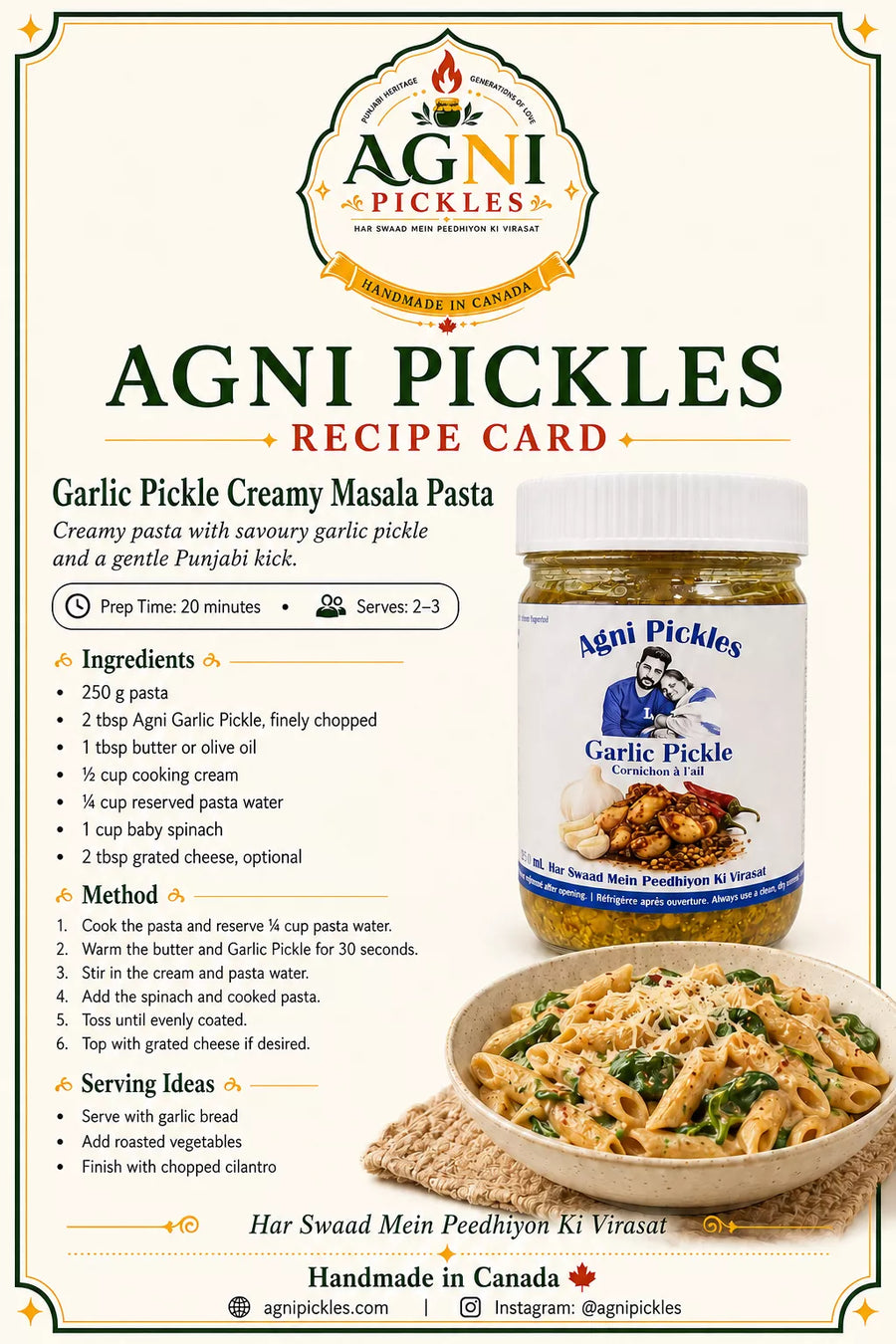 A branded recipe card for Agni Pickles Garlic Pickle Creamy Masala Pasta, showing the product jar, a bowl of prepared pasta, and printed instructions and ingredients on a cream background with decorative borders.