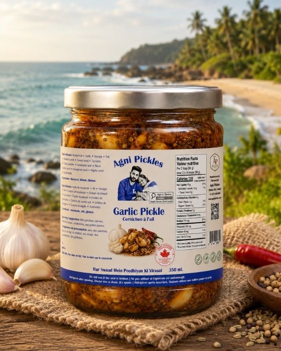 Jar of Agni Garlic Pickle made with Punjabi-style spices