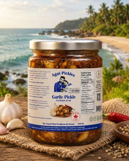 Jar of Agni Garlic Pickle made with Punjabi-style spices