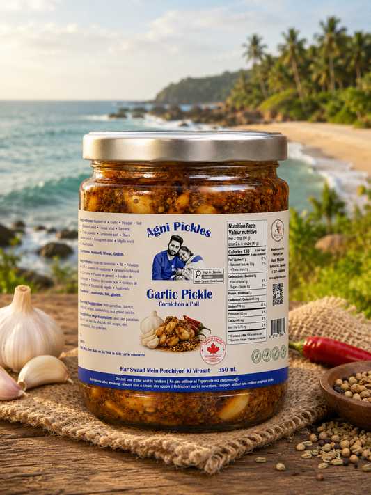 Traditional garlic pickle jar with authentic Punjabi flavours
Handmade garlic achar prepared with Indian spices and mustard oil
Spicy garlic pickle in premium glass jar packaging