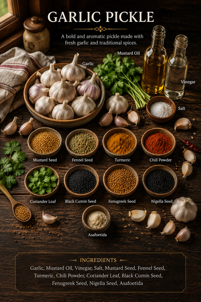 Artisanal garlic achar by Agni Pickles with rustic branding
Authentic Indian garlic pickle with bold spicy flavours
Punjabi style garlic pickle made in small batches
Gourmet garlic achar with mustard oil and natural ingredients