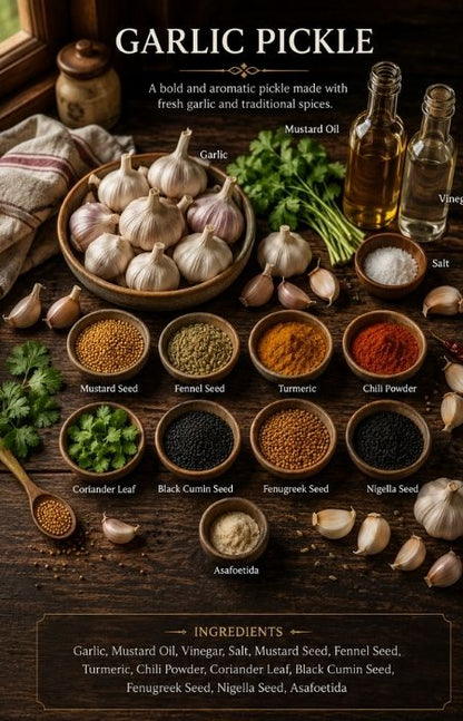 Artisanal garlic achar by Agni PicklesAuthentic Indian garlic pickle with bold spicy flavours Punjabi style garlic pickle made in small batches
Gourmet garlic achar with mustard oil and natural ingredients