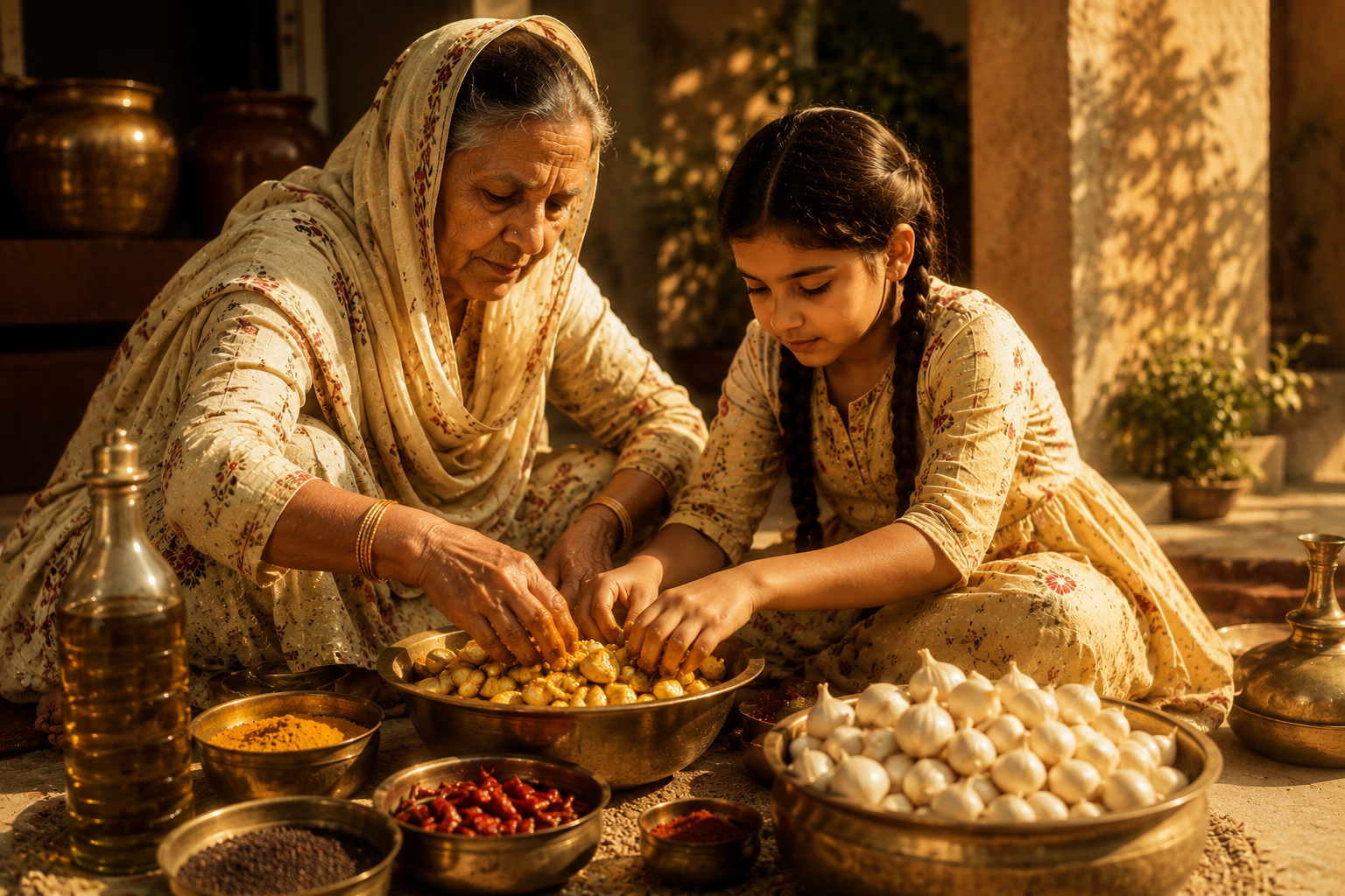 A young girl quietly watches her mother and grandmother prepare traditional Punjabi pickles in a sunlit kitchen, learning generations of wisdom through observation, patience, and shared family traditions
