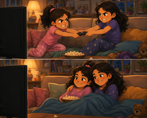 Cartoon-style illustration of two sisters rediscovering a chocolate bar hidden under a mattress years earlier, laughing together as a cherished childhood memory comes back to life. 🍫✨
