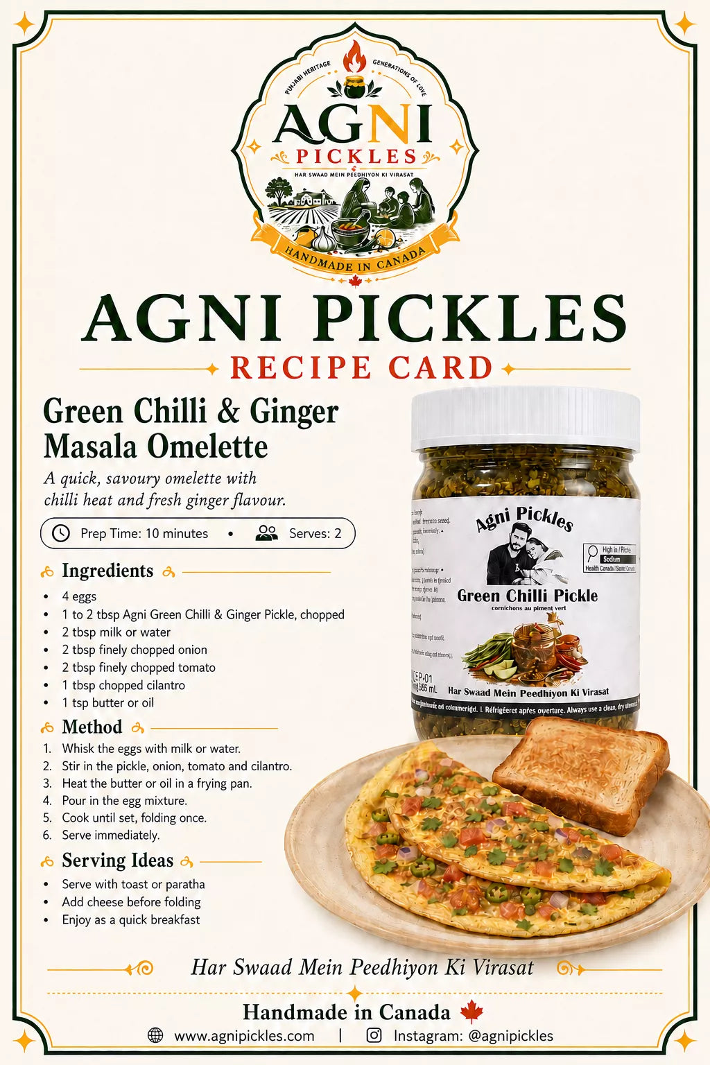 A recipe card for Agni Pickles Green Chilli & Ginger Masala Omelette, featuring a jar of the pickles, a sliced omelette with cheese and green chilli, and detailed text instructions on a cream-colored background with decorative borders.