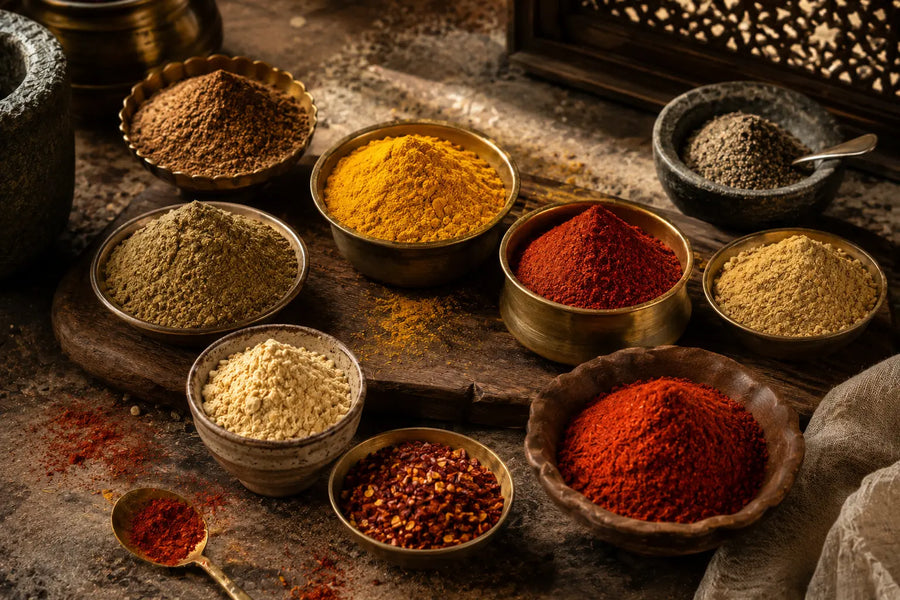 An assortment of colorful ground spices in small rustic bowls, arranged on a dark wooden surface with a traditional mortar and pestle in the background.