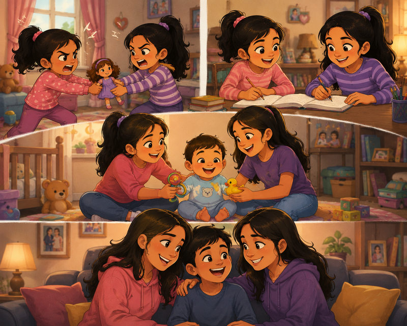 Cartoon-style illustration of two sisters growing up together, caring for their younger brother through childhood adventures, shared responsibilities, and lasting family bonds.