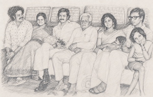 Vintage family portrait with wicker furniture
