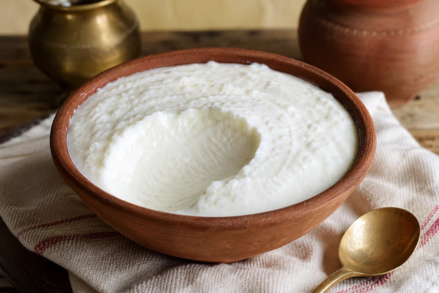 Thick Indian homemade yogurt set in a traditional earthen clay bowl with a brass spoon on a rustic kitchen table.