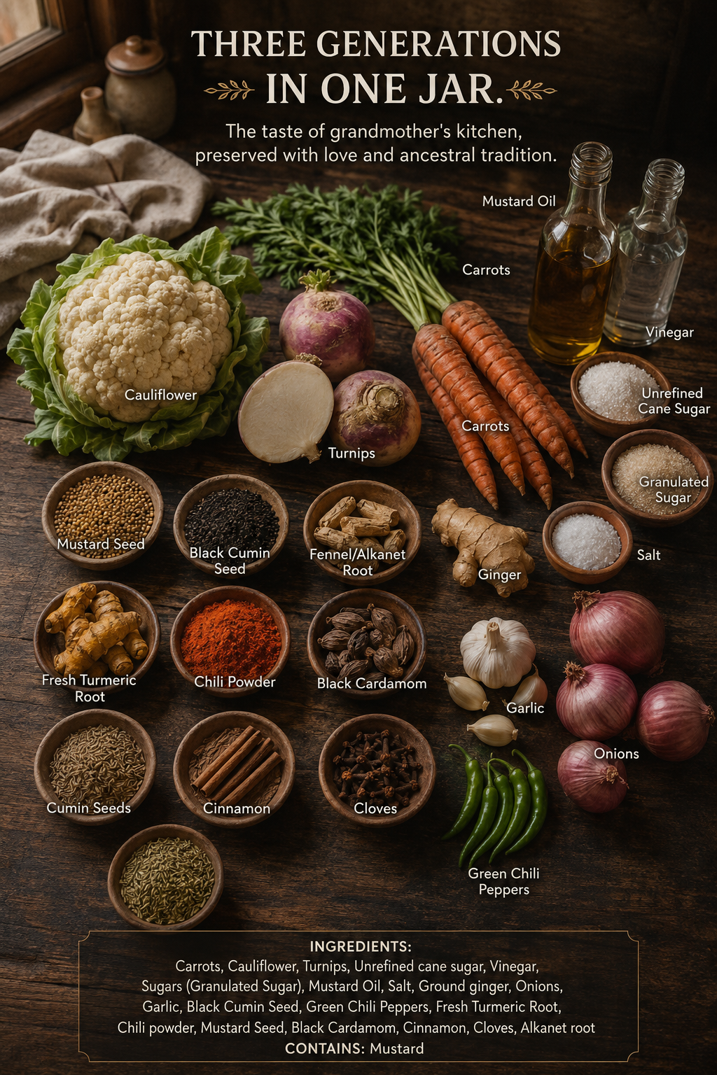 Heritage-style carrot cauliflower turnip pickle made in mustard oil
Authentic Indian winter vegetable achar with garlic ginger spice base
Small-batch Punjabi pickle with jaggery, vinegar, and Kashmiri chilli
Rustic homemade gobhi gajar shalgam pickle with warming Indian spices